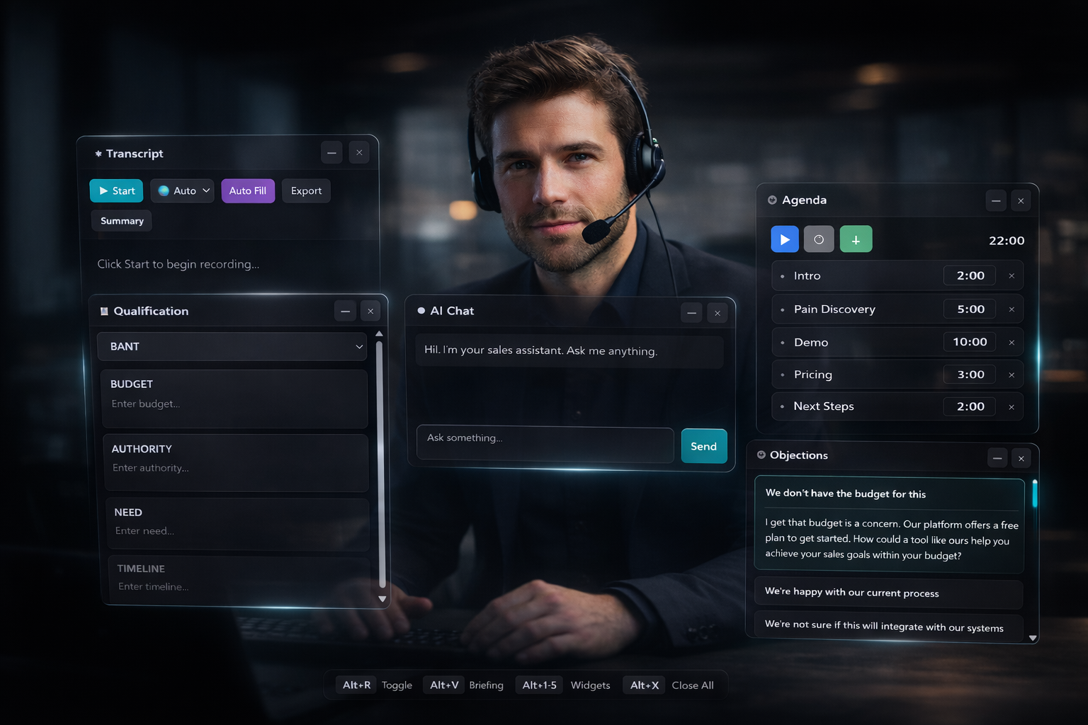 RepsPublic HUD with MEDDIC tracking and objection handling